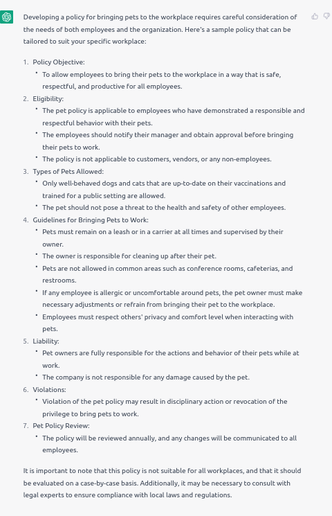 response from chatgpt or 'develop policy' query