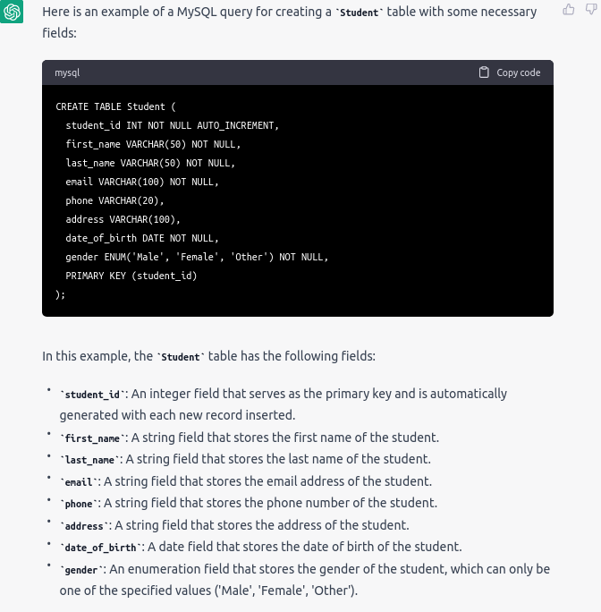 response from chatgpt or 'write query' query