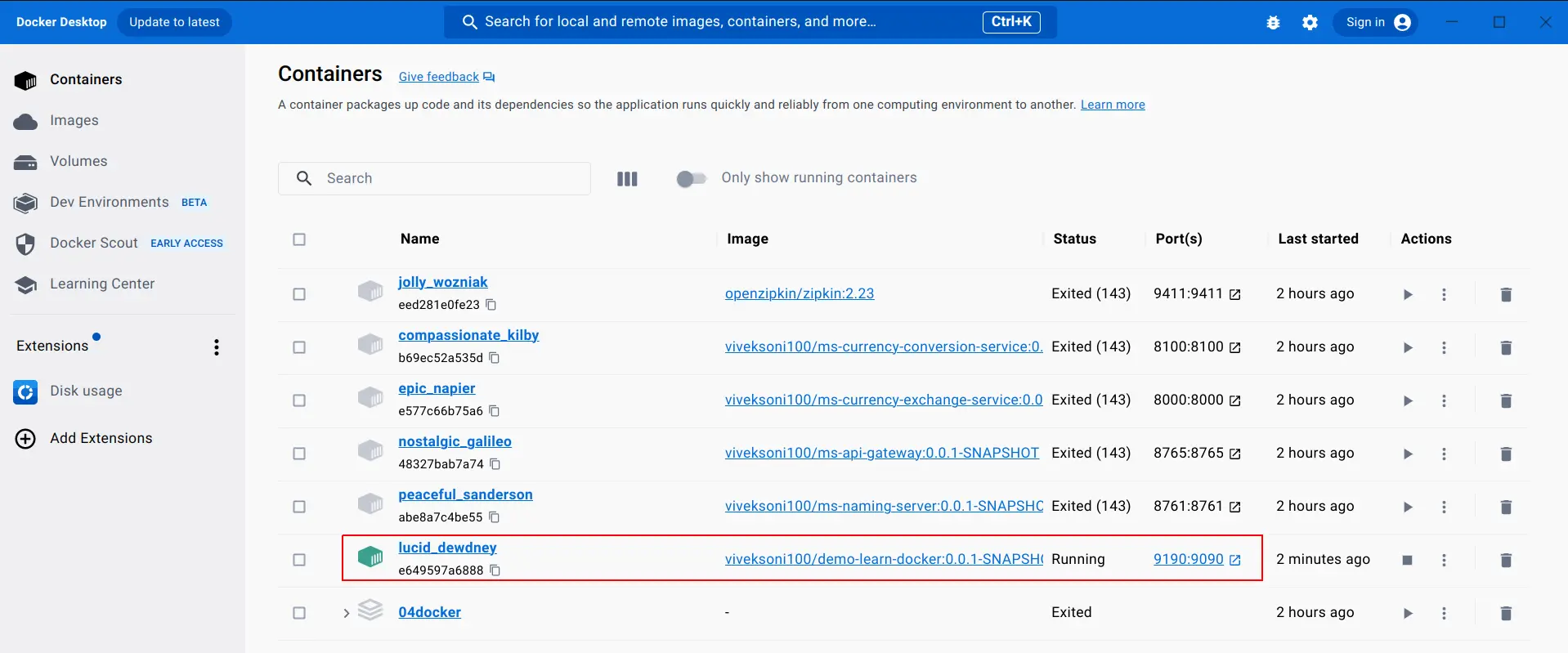 docker desktop showing containers